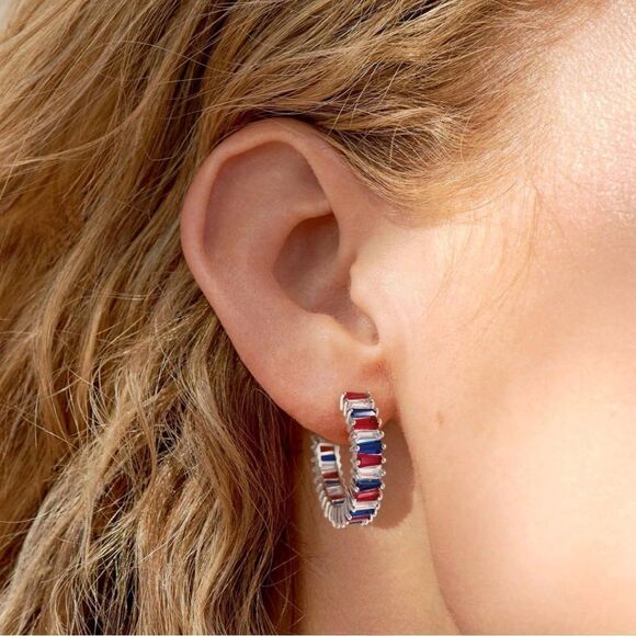 14K White Gold with Multicolored Cubic Zirconia Drop Hoop Leverback Earrings - Picture 5 of 8